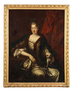 French School Artist, Portrait of a Noblewoman with a Puppy, 1700s, Oil Painting, Framed