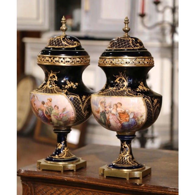 Decorate a mantel or a console with this important pair of antique Sèvres urns. Created in Paris, France circa 1890, each...