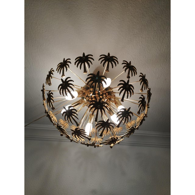 Vintage Solid Brass Palm Leaf Statement Chandelier Flush Mount Lighting Ceiling Light For Sale - Image 11 of 12