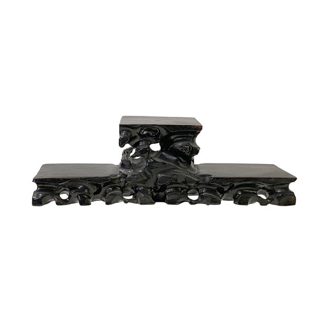1990s Small Miniature Three Tier Brown Carved Rock Base Look Wood Stand For Sale - Image 5 of 6