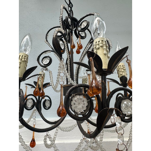 Metal Vintage French Rococo Revival 6-Arm Wrought Iron Chandelier With Amber Glass Drops. For Sale - Image 7 of 12