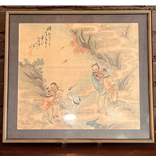 Antique Chinese Republic Painting Silk Daoist Immortals Crane Hua Yan Style For Sale In San Francisco - Image 6 of 6