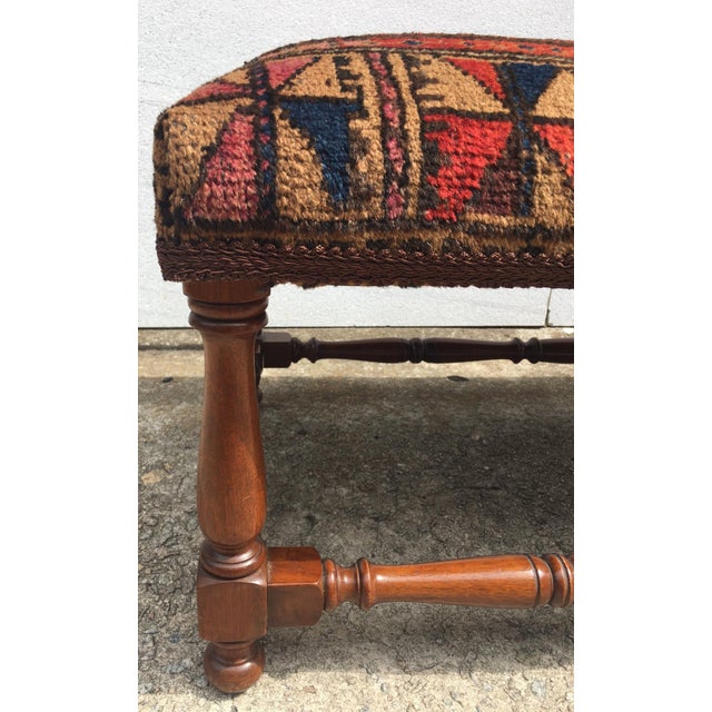 Turned Leg Wooden Bench Covered With Antique Belochistan Oriental Prayer Rug For Sale - Image 11 of 13