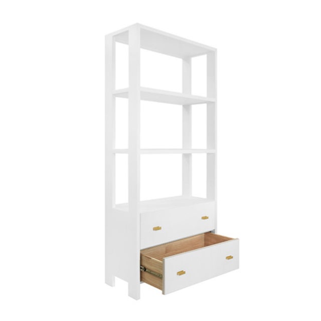 Worlds Away Matthew Izzo Home Davie Matte White Lacquer Two Drawer/Three Shelf Etagere With Brass Hardware For Sale - Image 4 of 12