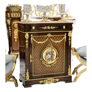 French Commode Cabinet With Marble Top, Floral Medallion & Gilded Accents For Sale