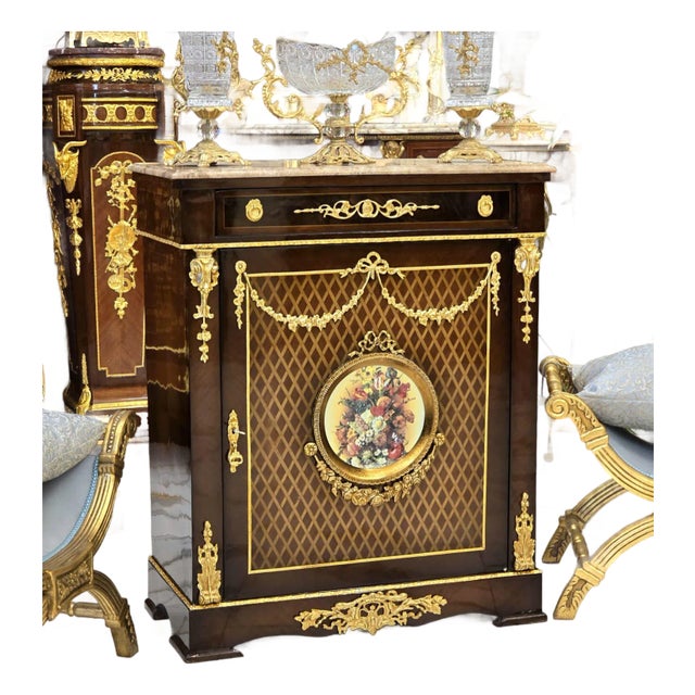 French Commode Cabinet With Marble Top, Floral Medallion & Gilded Accents For Sale