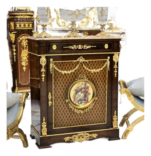 French Commode Cabinet With Marble Top, Floral Medallion & Gilded Accents