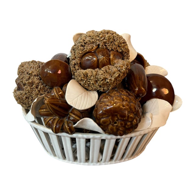 Exceptional vintage Italian ceramic centerpiece featuring an abundant sculptural arrangement of glossy brown mushrooms,...