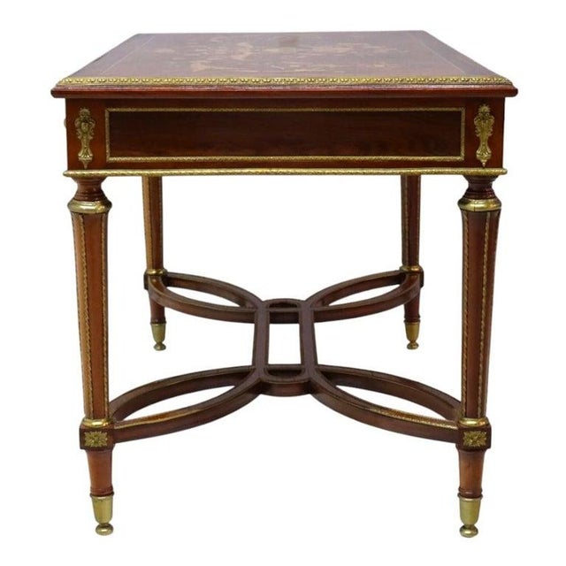 Late 19th Century Louis XVI Style Walnut & Ormolu Marquetry & Inlaid 1-Drawer Library Table C1890 For Sale - Image 5 of 18