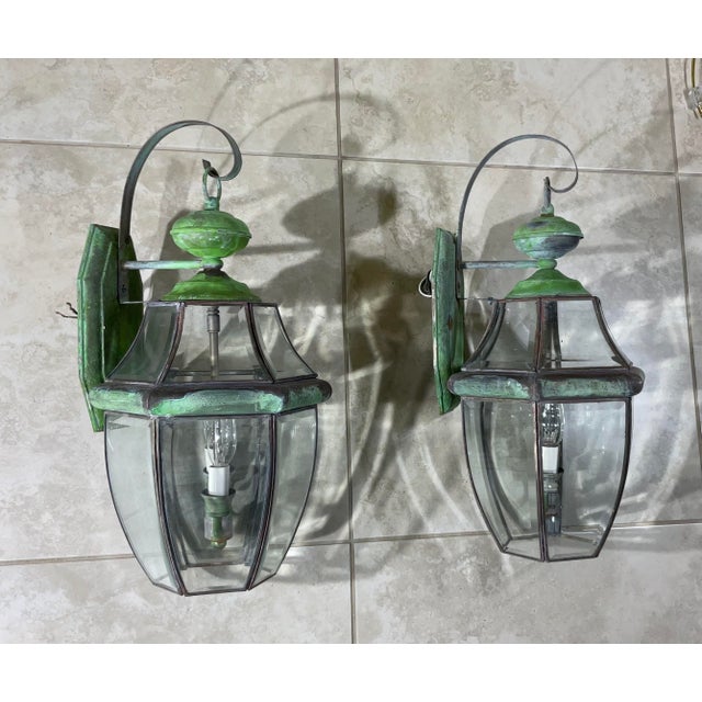 Green Pair of Vintage Solid Brass Wall Lantern For Sale - Image 8 of 12