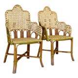 Vintage French-Style Rattan Bistro Side Arm Chairs With Handwoven Cane – Pair For Sale