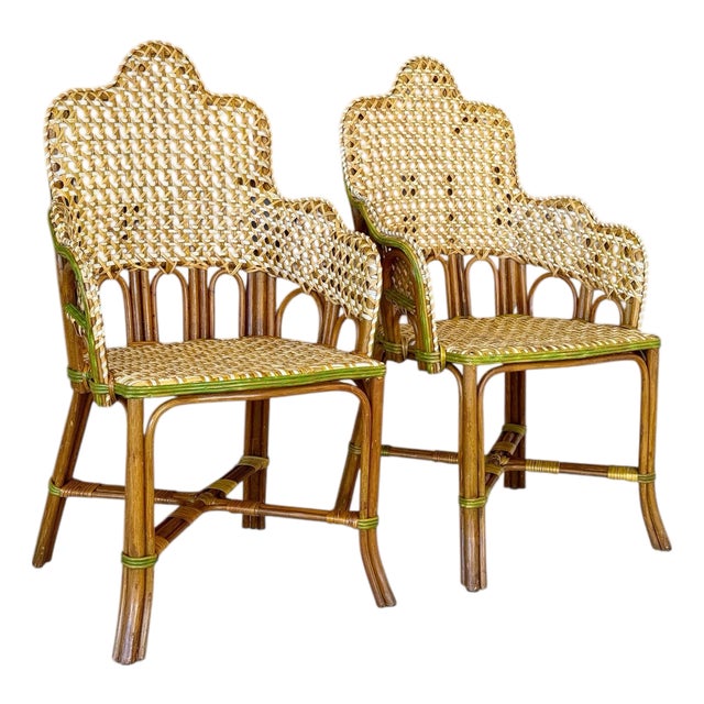 Vintage French-Style Rattan Bistro Side Arm Chairs With Handwoven Cane – Pair For Sale