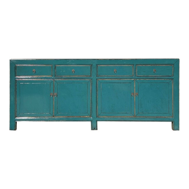 Oriental Distressed Teal Blue Credenza Sideboard Buffet Table Cabinet For Sale
