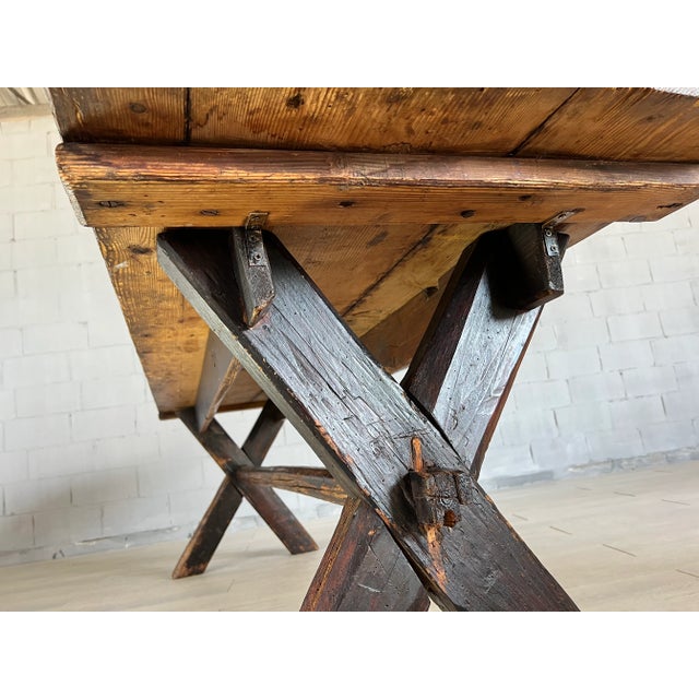 Rare 18c Scandinavian Pine Trestle Dining Table With X-Legs Base For Sale - Image 11 of 13
