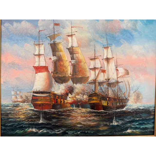 Green Vintage Oil Painting Naval Battle Ships Seascape Maritime Nautical Art Framed For Sale - Image 8 of 12