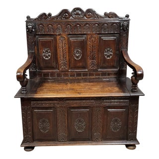 Renaissance Style Neo-Gothic Wooden Bench with Chest, 19th Century For Sale