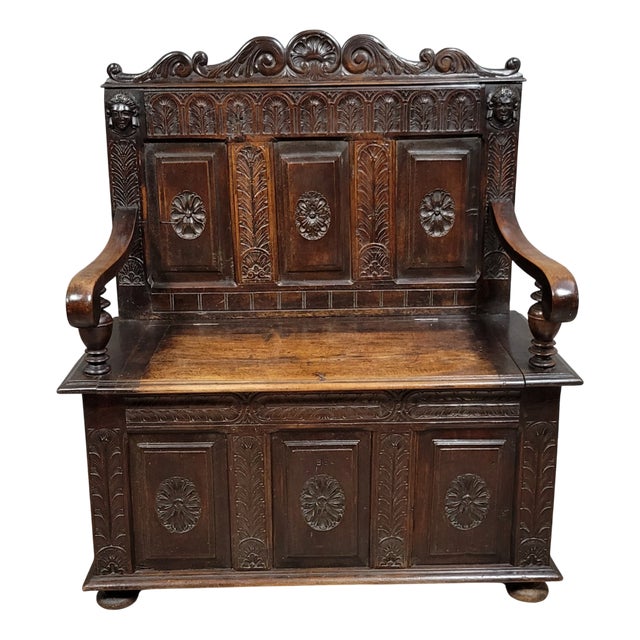 Renaissance Style Neo-Gothic Wooden Bench with Chest, 19th Century For Sale
