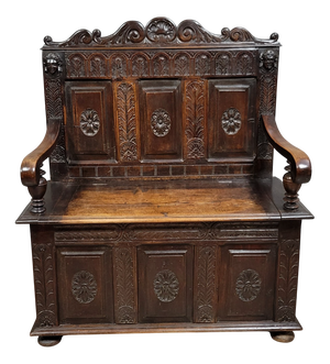 Renaissance Style Neo-Gothic Wooden Bench with Chest, 19th Century