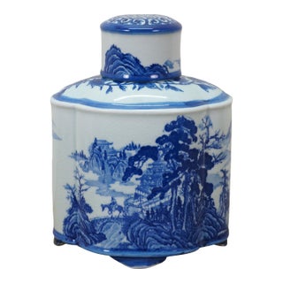Chinese Chinoiserie Blue & White Pagoda Mountain Landscape Tea Caddy 11" For Sale