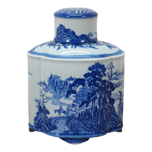 Chinese Chinoiserie Blue & White Pagoda Mountain Landscape Tea Caddy 11" For Sale
