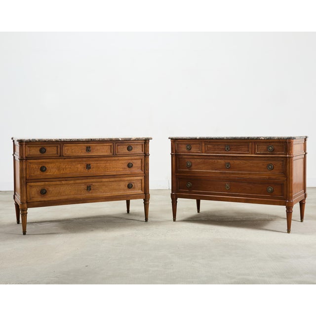 French Pair of Louis XVI Style Marble Top Commodes Chest of Drawers For Sale - Image 3 of 18