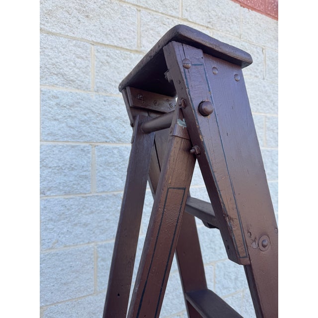 Wood Vintage Wooden Folding Library Ladder With Tiered Steps and a-Frame Form For Sale - Image 7 of 10