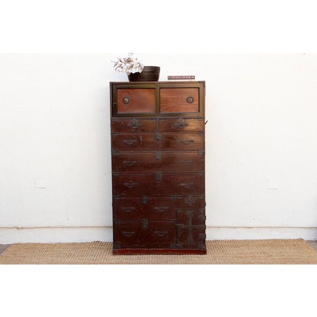 Japanese Antique Painted Japanese Chest on Chest Tansu For Sale - Image 3 of 12