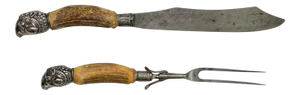 19th Century Antler Handle Carving Set With Silver-Plated Ram’s Head Hilt - Set of 2