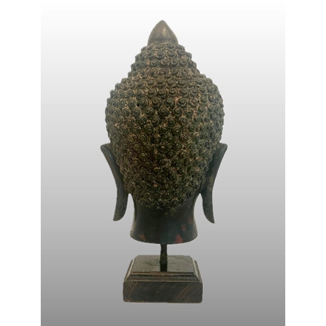 Asian Antique Antique Bronze Ayutthaya Buddha Head Thai Sculpture, Mounted For Sale - Image 3 of 12
