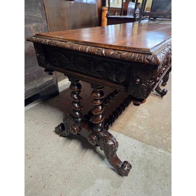 Antique Oak Heavily Carved Late 19th Century Desk With Barley Twist Legs For Sale - Image 4 of 11