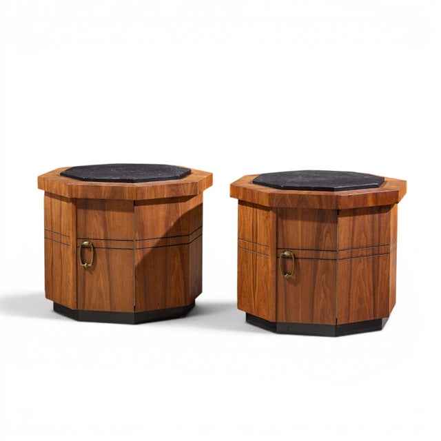 Mid-Century Modern Jack Cartwright for Founders Style Mid Century Walnut and Slate Side Tables - Pair For Sale - Image 3 of 11