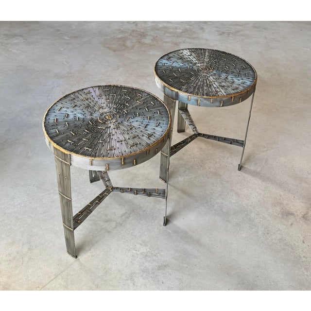 Round Pair of Hand-Welded Steel Rod Brutalist Tables, Set of Two, Tripod Legs For Sale - Image 6 of 17