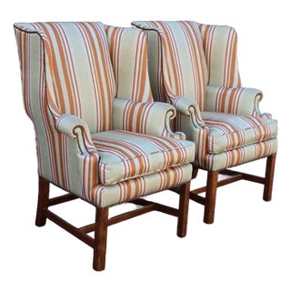 Vintage Baker Furniture Celadon & Rust Striped Wingback Chairs With Nailhead Trim — Pair For Sale