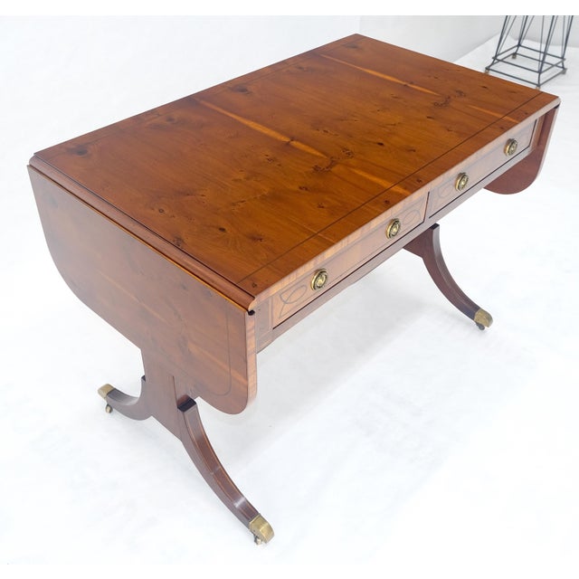 Yew Wood Drop Leaves Two Drawers Low Profile Brass Feet Desk Console Table MINT For Sale - Image 17 of 18