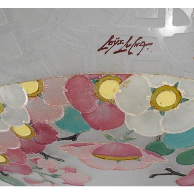 French Art Deco Pendant Light by Loys Lucha 1930s - Pink Enameled Floral Bowl For Sale - Image 10 of 13