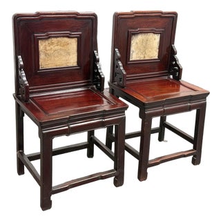 Antique Chinese Rosewood Chairs + Stone Inserts, Pair For Sale
