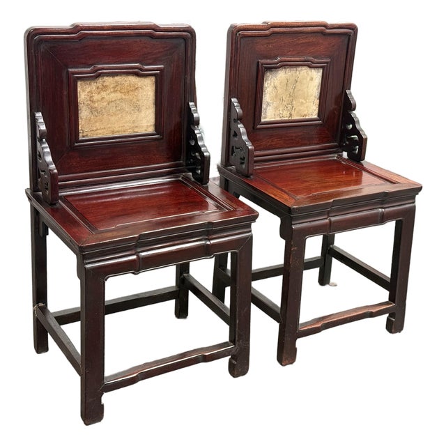 Antique Chinese Rosewood Chairs + Stone Inserts, Pair For Sale