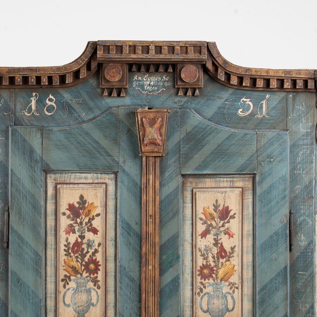1831 Hungarian Original Blue Hand-Painted Pine Armoire For Sale - Image 6 of 13