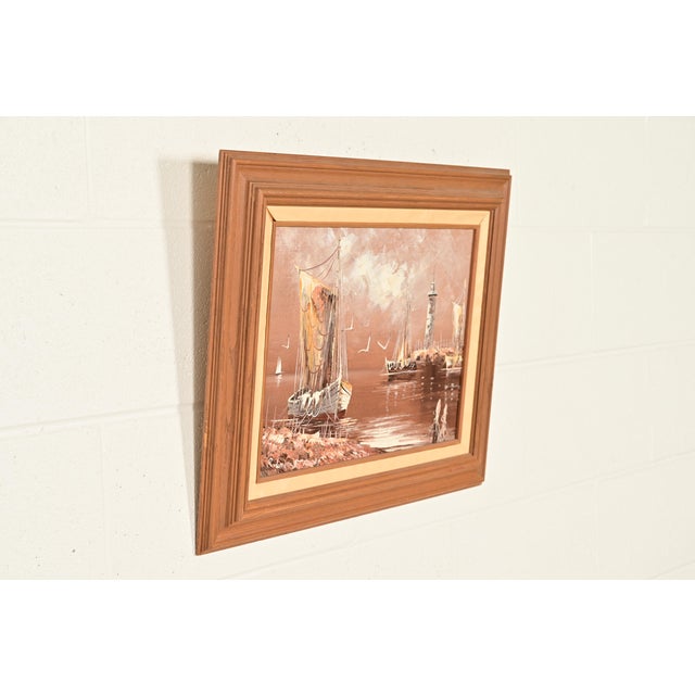Rikard Lindström Original Signed Oil Painting on Canvas of Ships in Harbor in Carved Wood Frame For Sale - Image 4 of 13