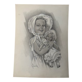1940s Original Signed Graphite Illustration of Girl Holding Doll, 12 × 9 In. For Sale