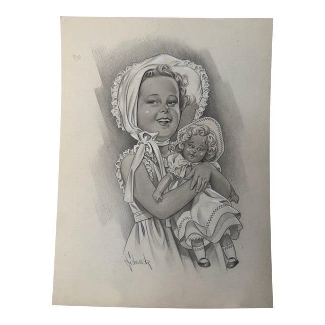 1940s Original Signed Graphite Illustration of Girl Holding Doll, 12 × 9 In. For Sale