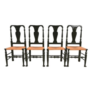 Eldred Wheeler Early American Green Lacquered Rush Seat Dining Chairs, Set of Four For Sale