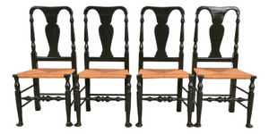 Eldred Wheeler Early American Green Lacquered Rush Seat Dining Chairs, Set of Four