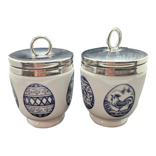 Set of Two, Vintage Royal Worcester Porcelain Egg Coddler, "Eggs (Blue)" Pattern For Sale