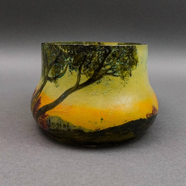 Mid-Century Modern Legras France Signed Scenic Landscape Enamel Cameo Glass Jardiniere Bowl Vase For Sale - Image 3 of 7