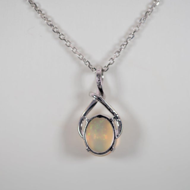 Metal 1.8Ct Ethiopian Opal Pendant With Natural Diamonds: Solid 14k Gold, Oval 10x8mm For Sale - Image 7 of 7