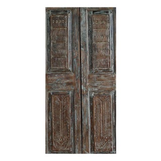 Vintage Hand-Carved Wood Double Doors – Blue Gray Distressed Barn Doors, 80x34 For Sale