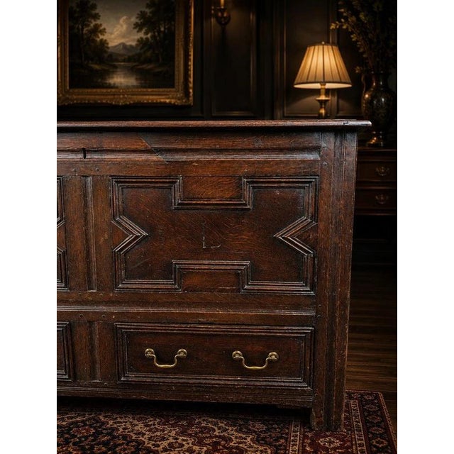 Large Victorian Oak Mule Chest Coffer with Drawers & Carved Initials For Sale - Image 4 of 12