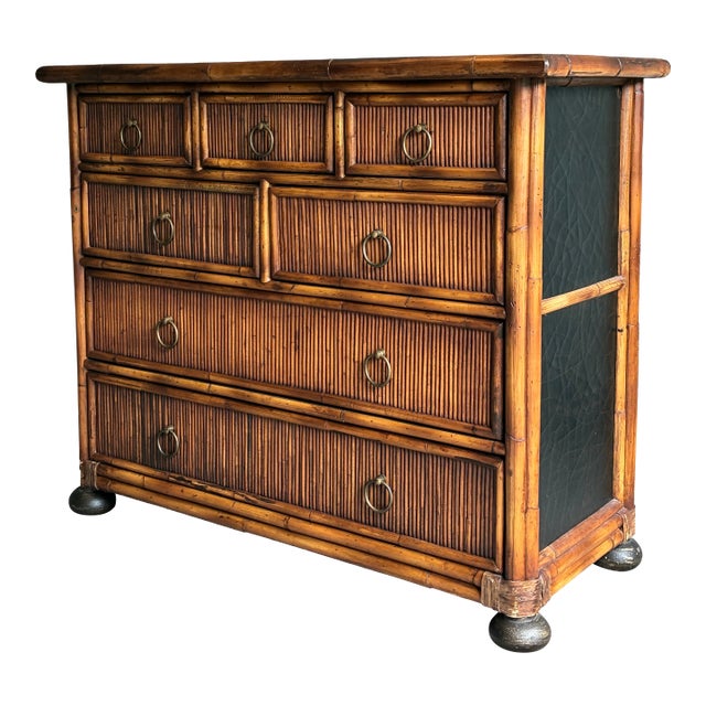 Late 20th Century Baker Rattan 7 Drawer Bachelor Chest of Drawers For Sale