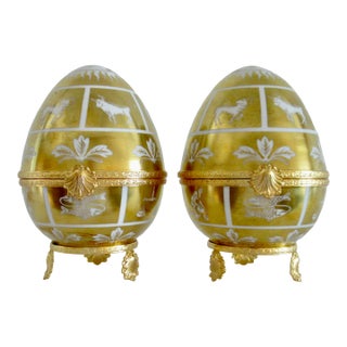 Limoges for Tiffany & Co., 22Kt. Gilded, With Gold Hand-Painted in France "Zodiac," Porcelain Egg Boxes, Decorative Accents - A Pair For Sale
